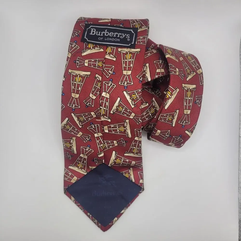 Vintage Burberrys Tie Red‎ Geometric Lantern Silk Necktie Hand Sewn USA 90s